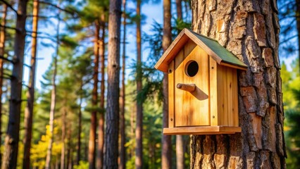 Wooden birdhouse mounted on a pine tree trunk