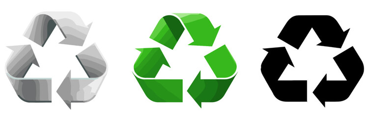 Fototapeta premium Recycling symbols in white, green and black over white transparent background