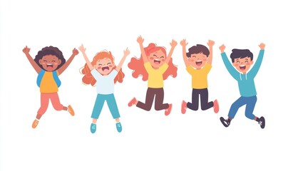 Fototapeta premium Group of children jumping and laughing together on a white background. Simple style illustration. Cute and dreamy colorful cartoon characters with happy expressions. Vector file has clean lines 