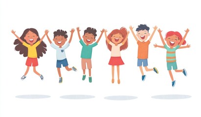 Group of children jumping and laughing together on a white background. Simple style illustration. Cute and dreamy colorful cartoon characters with happy expressions. Vector file has clean lines 