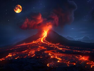 Lunar Spectacle Over Fiery Eruption. A Volcanic Night’s Majesty Under the Watchful Eye of the Moon.