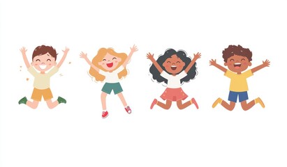 Group of children jumping and laughing together on a white background. Simple style illustration. Cute and dreamy colorful cartoon characters with happy expressions. Vector file has clean lines 