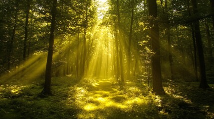 Obraz premium Sunbeams Illuminating a Path Through a Dense Forest