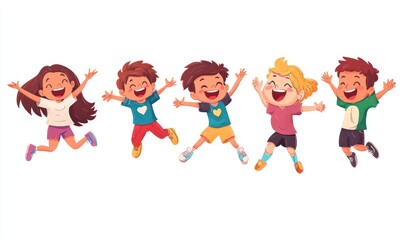Group of children jumping and laughing together on a white background. Simple style illustration. Cute and dreamy colorful cartoon characters with happy expressions. Vector file has clean lines 
