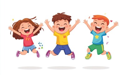 Group of children jumping and laughing together on a white background. Simple style illustration. Cute and dreamy colorful cartoon characters with happy expressions. Vector file has clean lines 