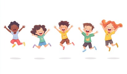 Group of children jumping and laughing together on a white background. Simple style illustration. Cute and dreamy colorful cartoon characters with happy expressions. Vector file has clean lines 