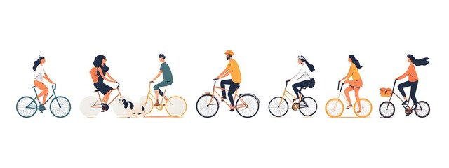 Fototapeta premium Vector illustration of people in different poses, riding bicycles and walking dogs on a white background, with a flat design, minimalist style, simple shapes, and a vector art style.