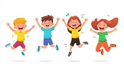 Group of children jumping and laughing together on a white background. Simple style illustration. Cute and dreamy colorful cartoon characters with happy expressions. Vector file has clean lines 