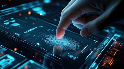 Fototapeta premium A hand scanning a digital fingerprint sensor, illustrating the security of personal data and identity protection in a high-tech interface.