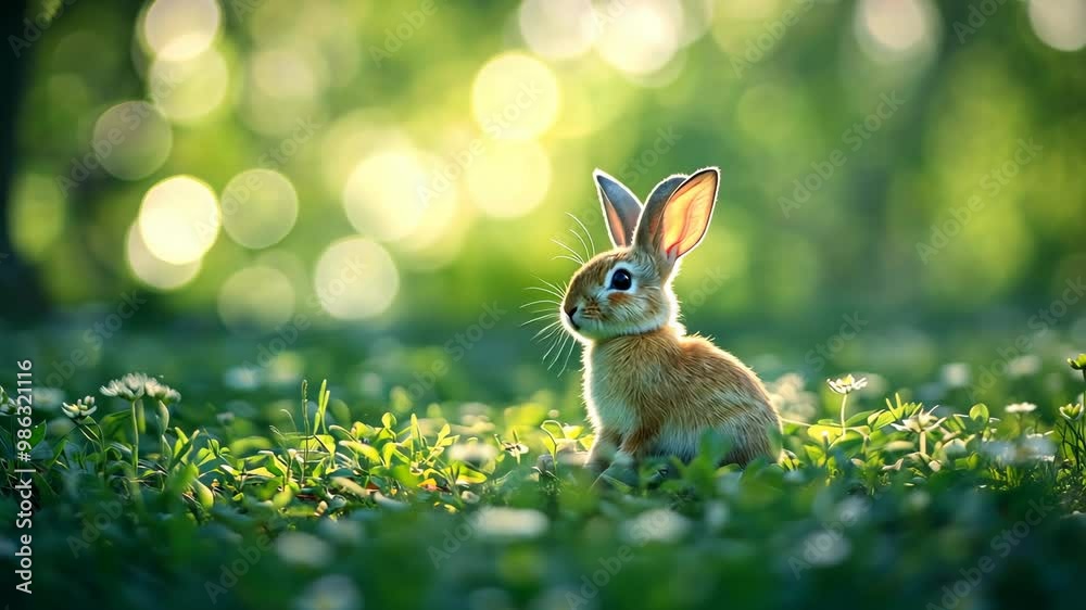 Poster a rabbit is sitting in a grassy field