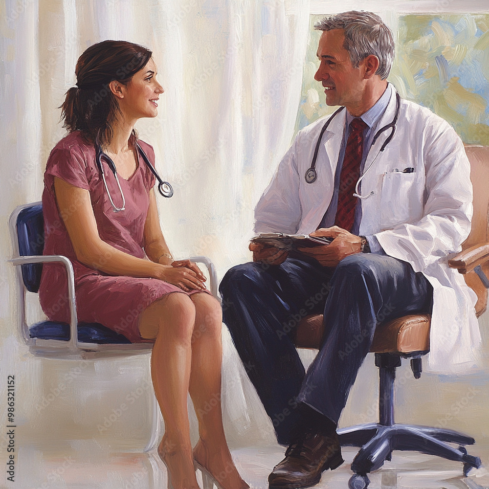 Wall mural doctor woman man patient hospital care clinic couple young health female medical medicine discussion