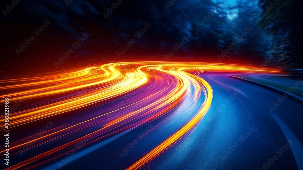 Canvas Prints Evening traffic trails illuminate a winding highway under a vibrant sky at dusk