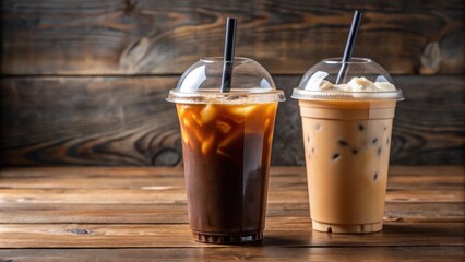 Two plastic cups of iced black coffee and iced coffee latte on a wooden table
