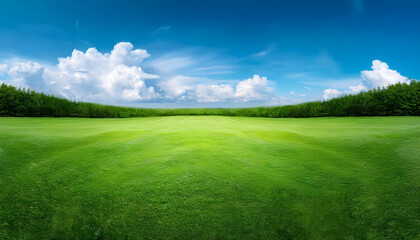 Beautiful natural scenic panorama green field of cut grass into and blue sky with clouds on...