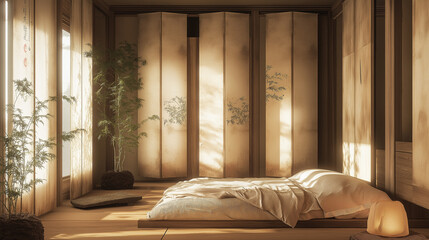 Wabi-sabi style Japanese bedroom featuring natural wood elements, paper screens, and nature-inspired imperfections