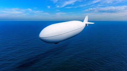 Fototapeta premium Autonomous cargo airship gliding over vast ocean, sleek design, innovative technology, blue skies, expansive horizon, cutting-edge transport solution