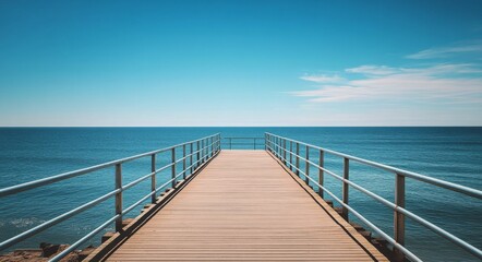 Fototapeta premium Wooden pier extending over calm blue waters on a clear sunny day