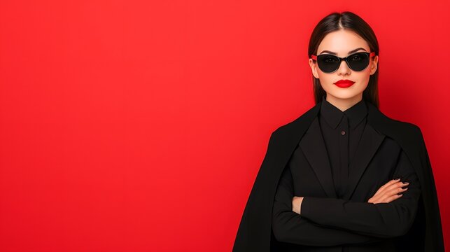 A stylish woman wearing sunglasses and bold red lipstick stands confidently against a vibrant red background, exuding elegance and allure.