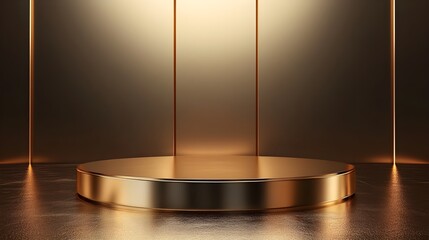 A glossy golden podium with a spotlight, set against a sleek dark background, creating a luxurious and modern ambiance.