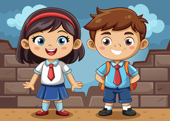 cartoon vector illustration of little girl and boy student with smile, field isolated background, school time, friends