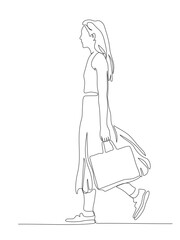Young woman in summer dress with shopping bag walking. Side view. Continuous one line drawing. Black and white vector illustration in line art style.