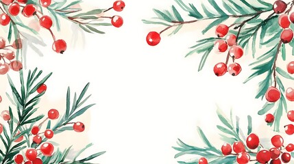 Naklejka premium A decorative watercolor illustration featuring red berries and green foliage, ideal for seasonal greetings.