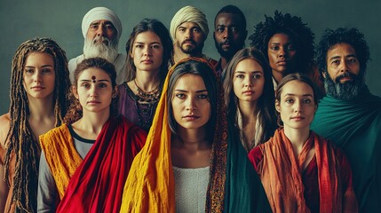 Obraz premium A diverse group of individuals with vibrant clothing captures unity and cultural representation in a striking portrait.