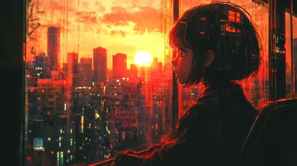 A contemplative young girl gazes at a vibrant sunset over a city skyline.