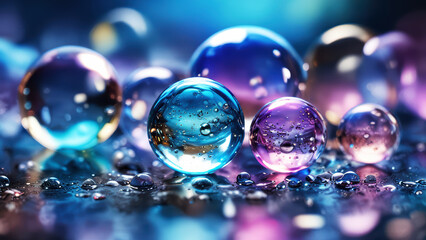 Naklejka premium A group of colorful soap bubbles on a tabletop with water droplets