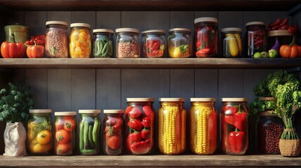 Colorful jars of preserved vegetables lined up on wooden shelves in a rustic setting