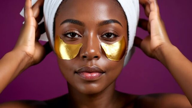 Beauty concept of woman applying golden eye patches to prevent early wrinkles, wearing towel on her head, studio video at dark magenta background. Beauty treatment concept with copy space.