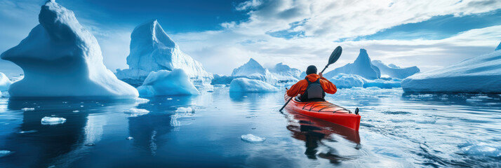 A kayaker boating in sea water with iceberg.