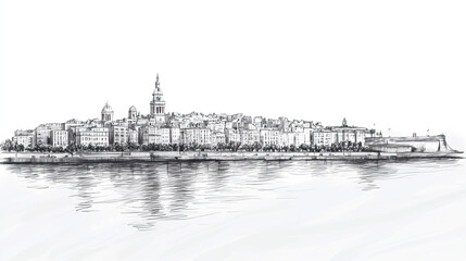 Fototapeta premium Le Havre, France, black and white pen pencil hand-drawn effect drawing illustration for travel poster, card, wallpaper, backdrop or banner. Modern, clear, artistic and simple