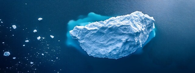 An aerial view of an iceberg floating in the water, showcasing its massive size and intricate details. The cold blue tones of the ice contrast with the dark ocean waters.