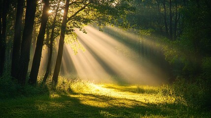 Naklejka premium Sunbeams Illuminating a Forest Path