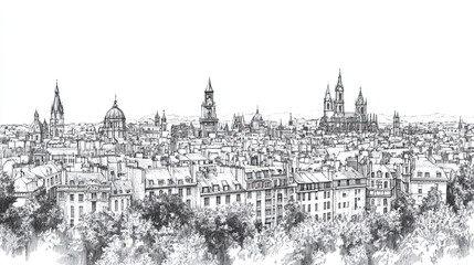 Fototapeta premium Le Mans, France, black and white pen pencil hand-drawn effect drawing illustration for travel poster, card, wallpaper, backdrop or banner. Modern, clear, artistic and simple