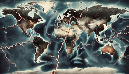 A stylized world map featuring tectonic plates, highlighting geological features with vibrant colors and intricate details.