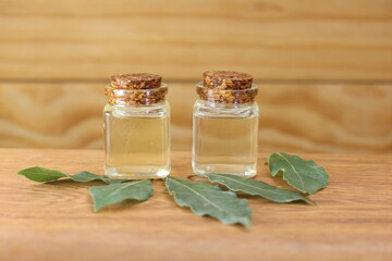 daphne leaves and essential oil in bottles on wooden background