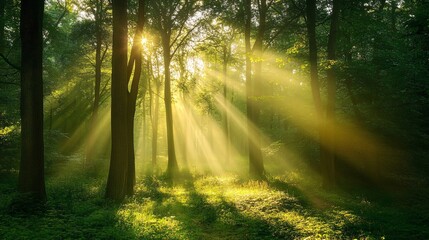 Fototapeta premium Sunbeams Illuminating a Foggy Forest Path