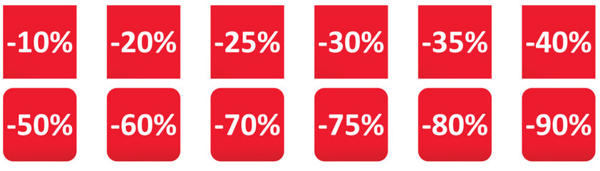 Set of red sale quality tags and labels isolated. Shopping stickers and badges. Discount sticker product tag set from 10 to 90 percent off. Special offer, new, sale, discount, Promo.