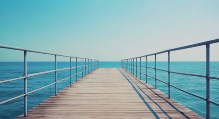 Obraz premium Wooden pier extending over calm blue waters on a clear sunny day