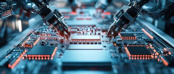 A panoramic view of an AI chip production line with advanced robotics and intricate microchips