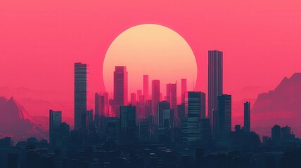 Obraz premium A digital artwork using chrome effects to depict a futuristic city skyline under a neon-lit sky