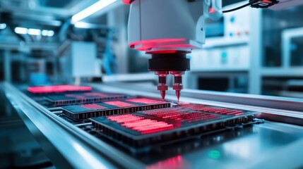 AI chips being meticulously crafted by automated machines in a sterile and futuristic environment