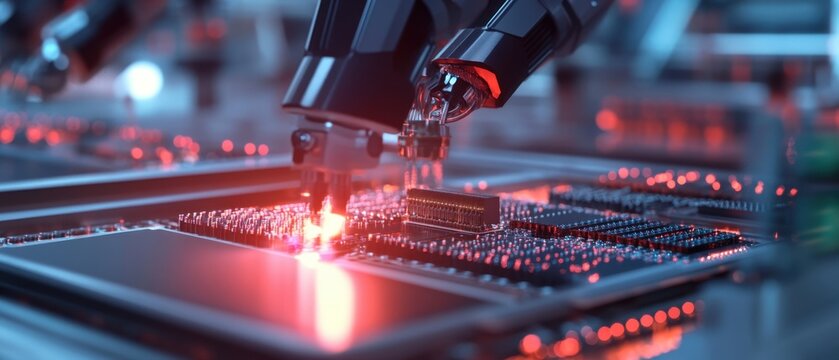 AI chip manufacturing process with advanced robotic assembly and precision lasers in a modern factory