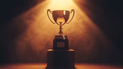 A trophy on a podium glowing under spotlight symbolizing victory and achievement