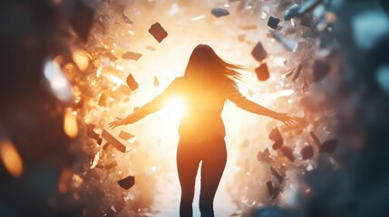 A woman breaking through a barrier with light shining behind symbolizing overcoming obstacles