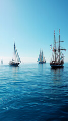 Fototapeta premium World Maritime Day, vibrant ocean scene with sailing ships, deep blue water, festive atmosphere, calm and serene ocean, celebration of global maritime heritage