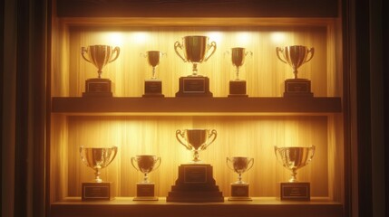A glowing trophy case with multiple awards symbolizing a lifetime of achievements