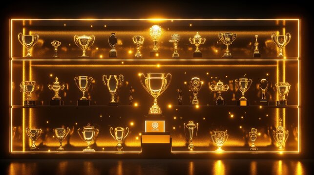 A glowing trophy case with multiple awards symbolizing a lifetime of achievements